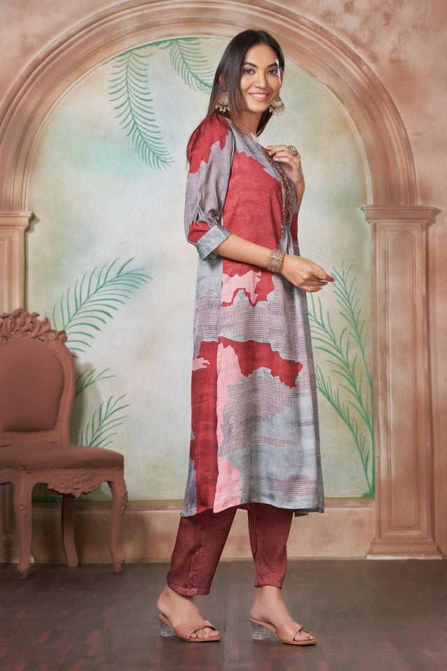 Pink Printed Silk Kurti Pant Set