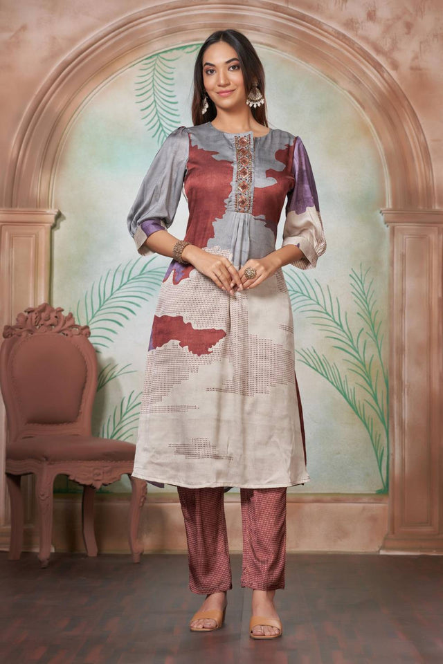 Violet Printed Silk Kurti Pant Set