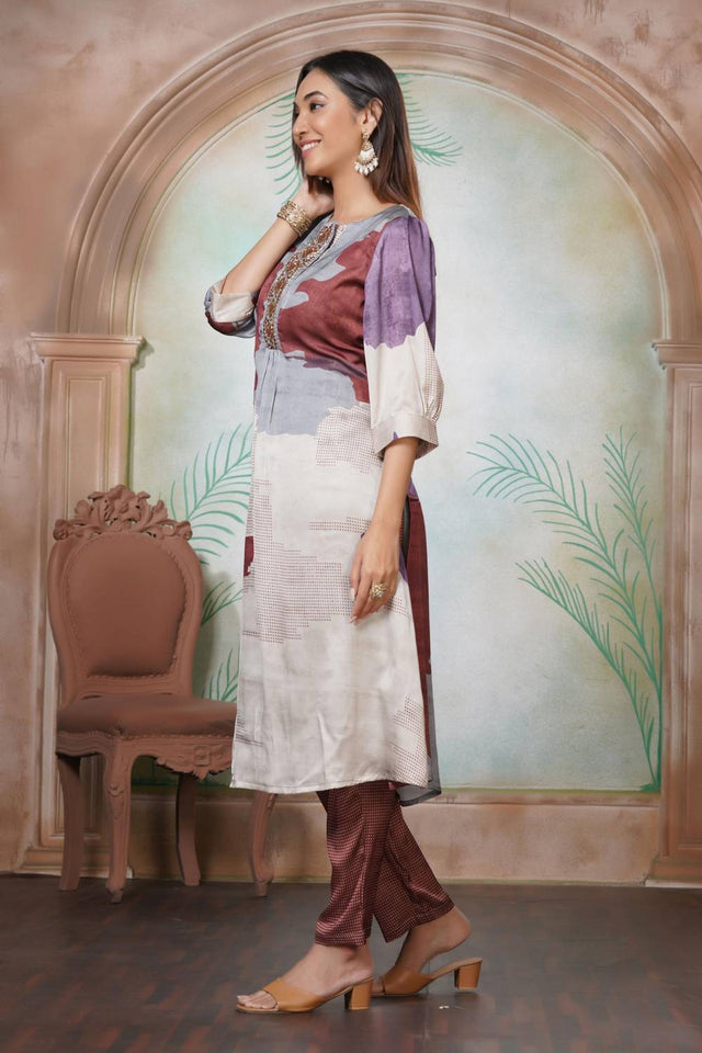 Violet Printed Silk Kurti Pant Set