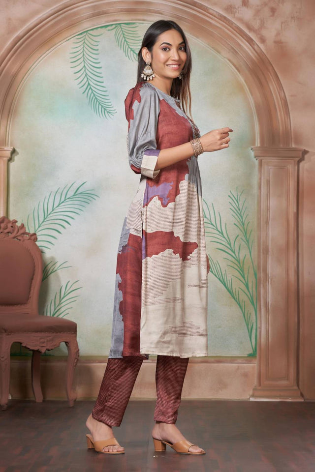 Violet Printed Silk Kurti Pant Set