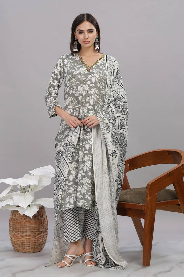 Grey Floral Printed Rayon Kurti Pant Set