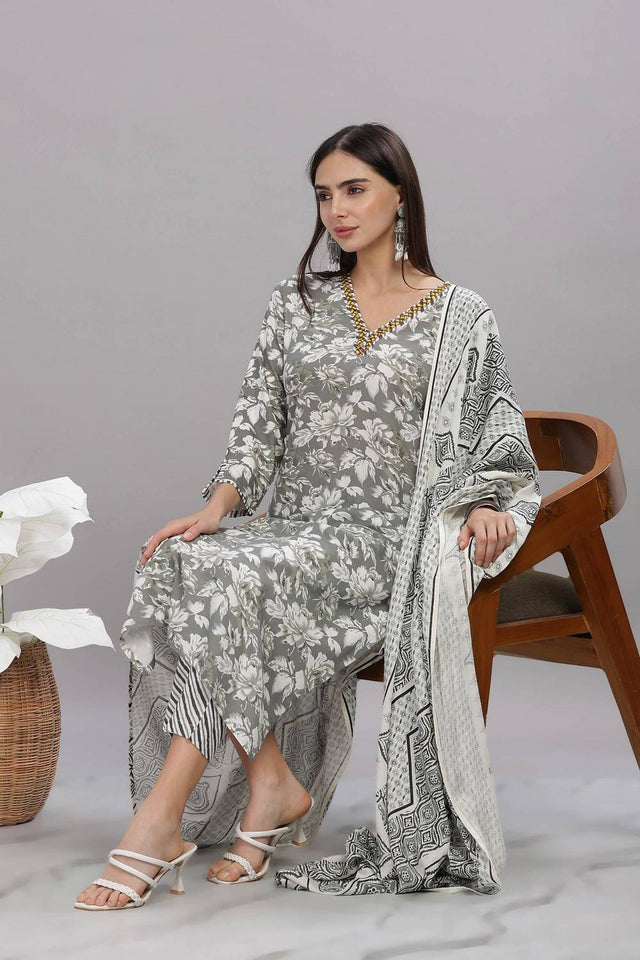 Grey Floral Printed Rayon Kurti Pant Set