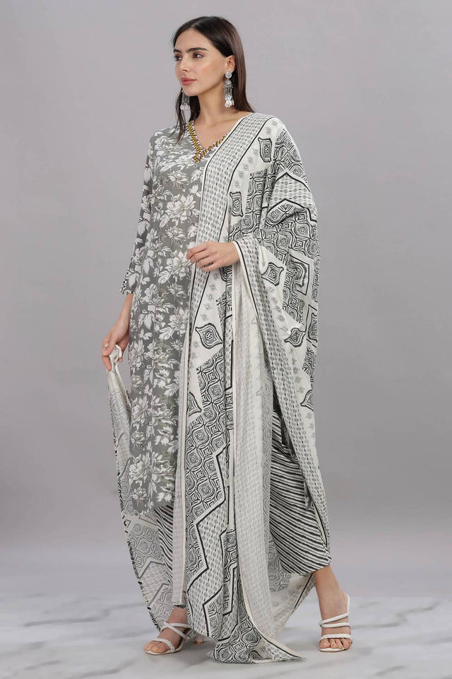 Grey Floral Printed Rayon Kurti Pant Set