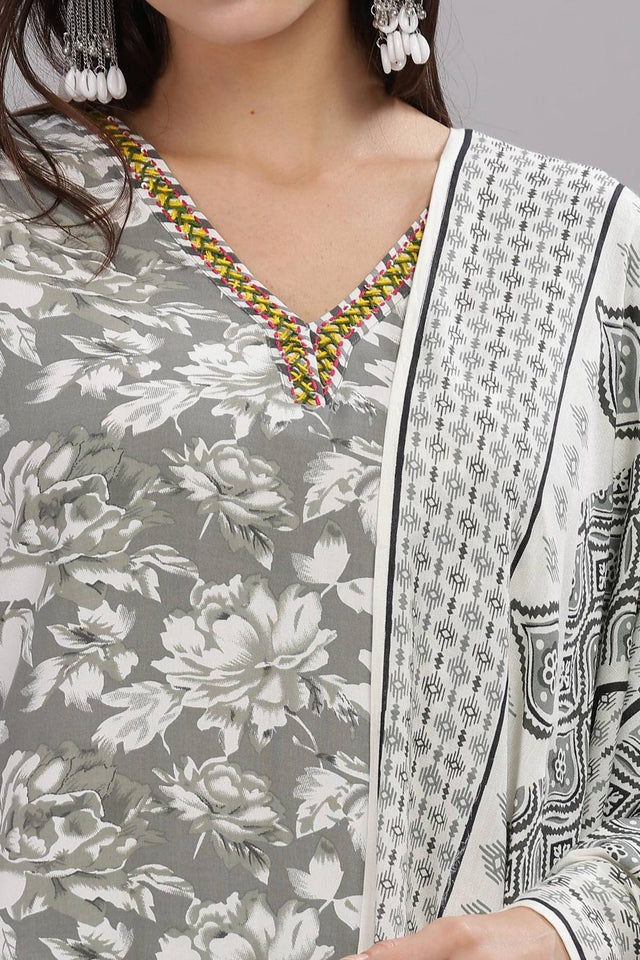 Grey Floral Printed Rayon Kurti Pant Set