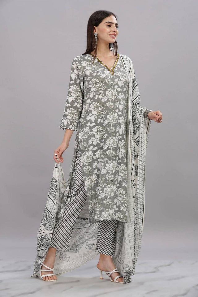 Grey Floral Printed Rayon Kurti Pant Set