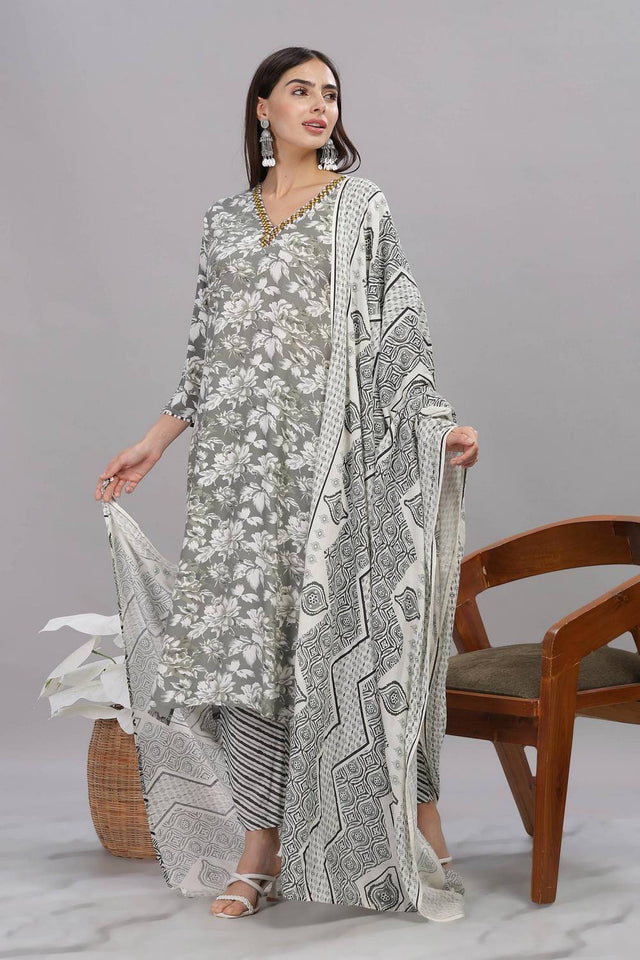 Grey Floral Printed Rayon Kurti Pant Set