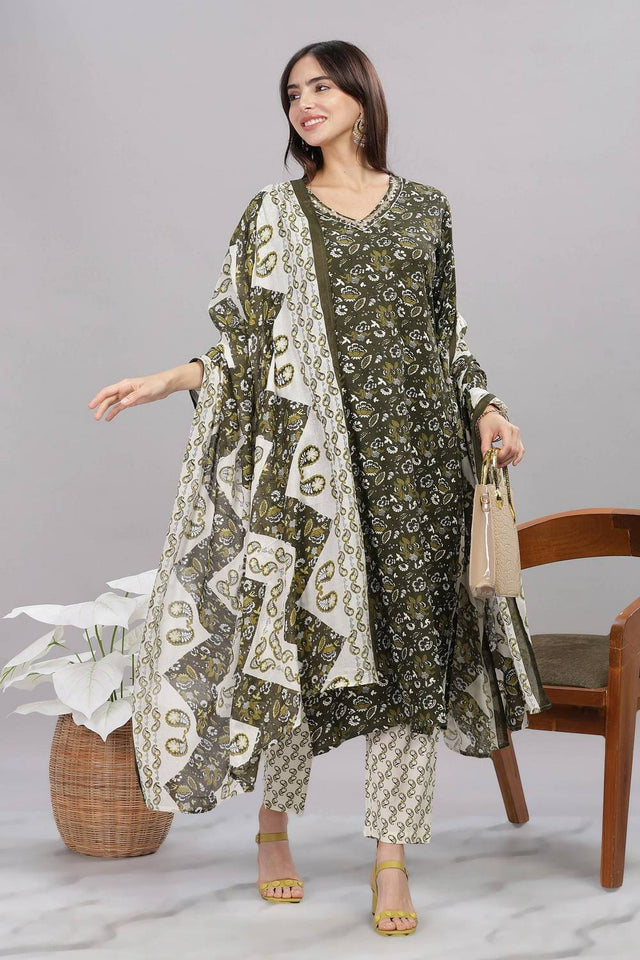Olive Green Floral Printed Rayon Kurti Pant Set