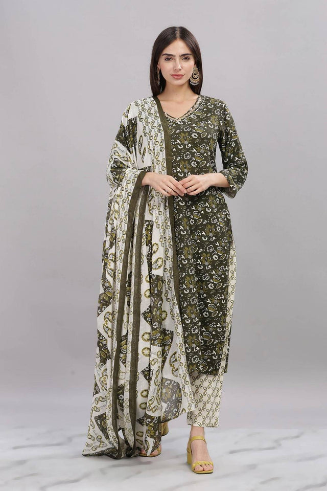 Olive Green Floral Printed Rayon Kurti Pant Set