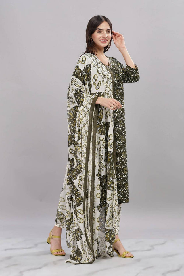 Olive Green Floral Printed Rayon Kurti Pant Set