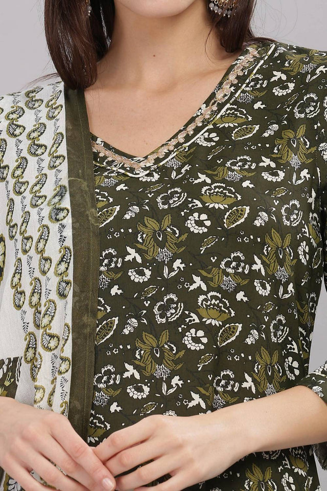 Olive Green Floral Printed Rayon Kurti Pant Set