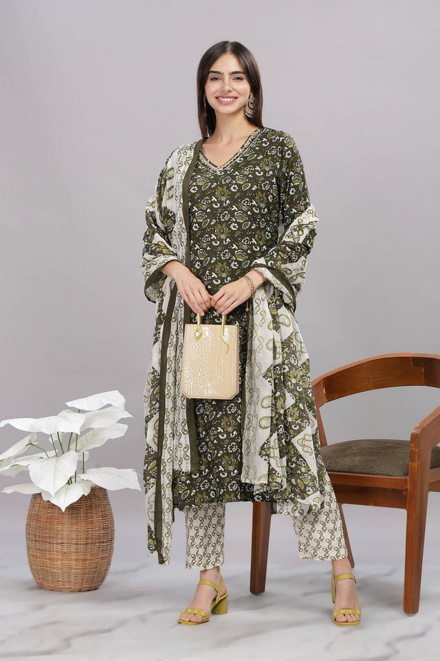 Olive Green Floral Printed Rayon Kurti Pant Set