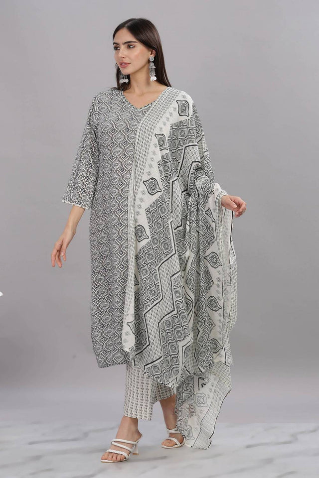 Grey Printed Rayon Kurti Pant Set