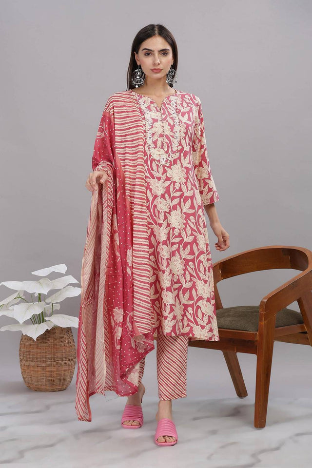 Red Floral Printed Rayon Kurti Pant Set