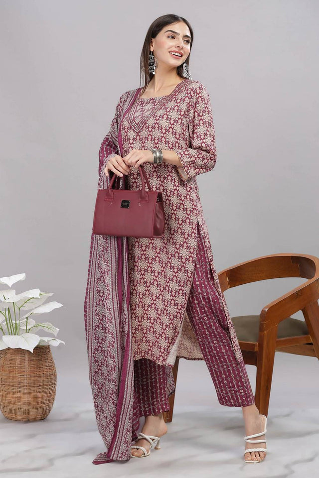 Maroon Ajrakh Printed Rayon Kurti Pant Set