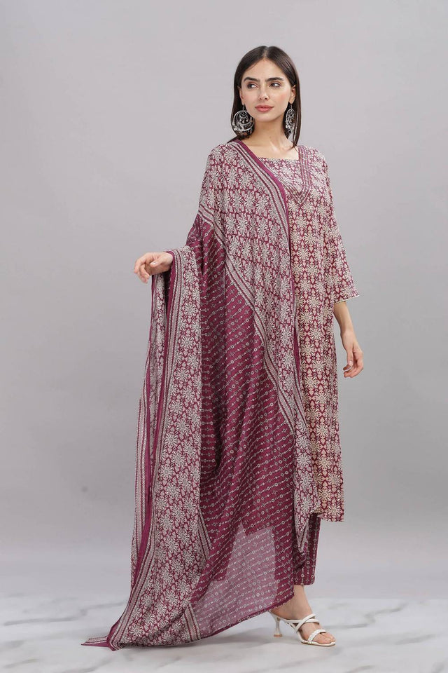 Maroon Ajrakh Printed Rayon Kurti Pant Set