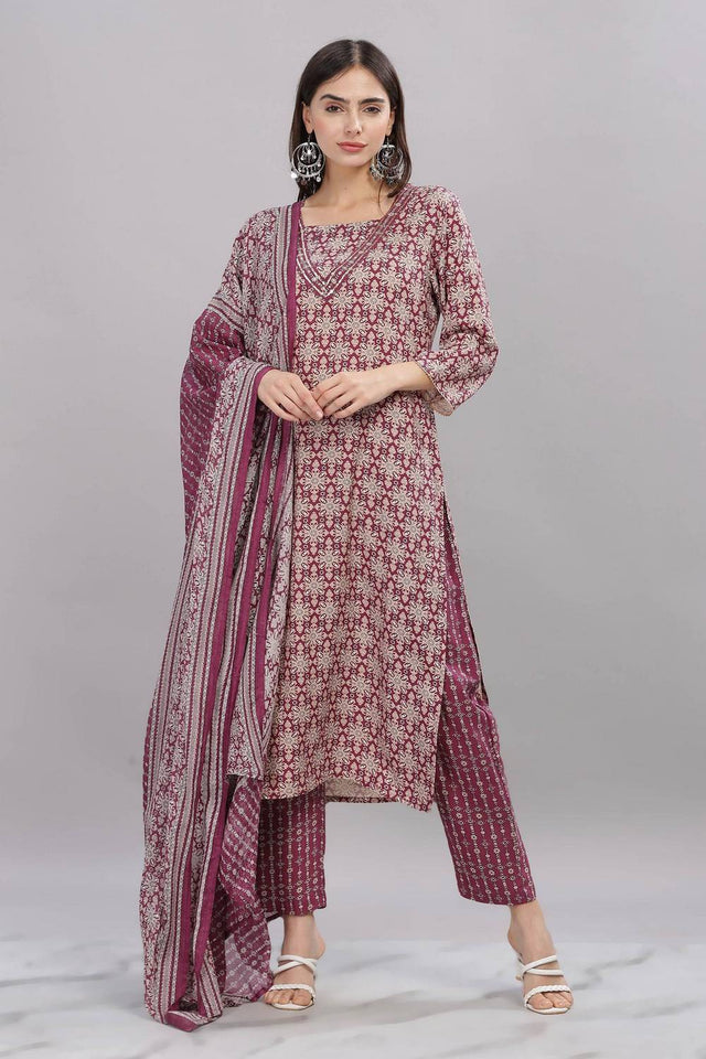Maroon Ajrakh Printed Rayon Kurti Pant Set