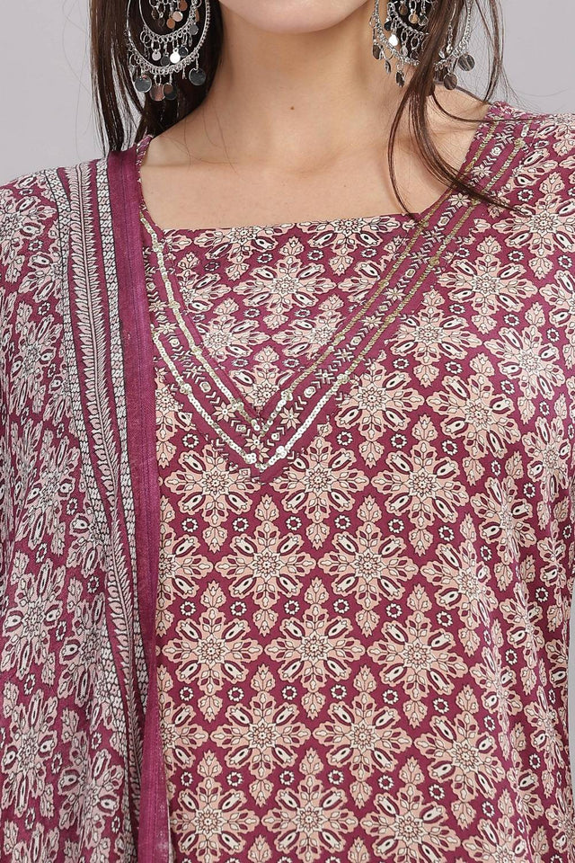 Maroon Ajrakh Printed Rayon Kurti Pant Set