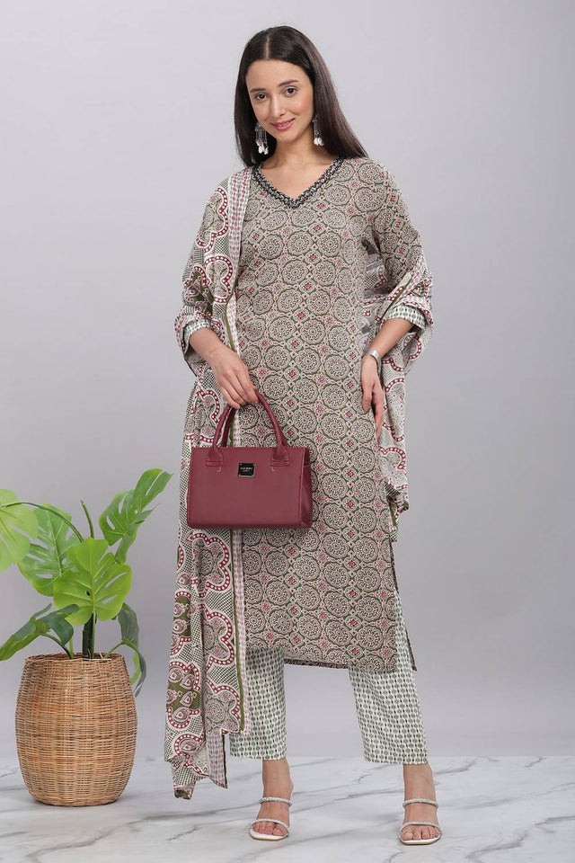 Olive Green Ajrakh Printed Rayon Kurti Pant Set