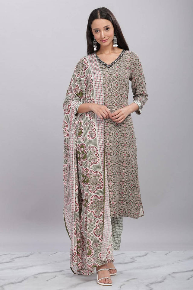 Olive Green Ajrakh Printed Rayon Kurti Pant Set