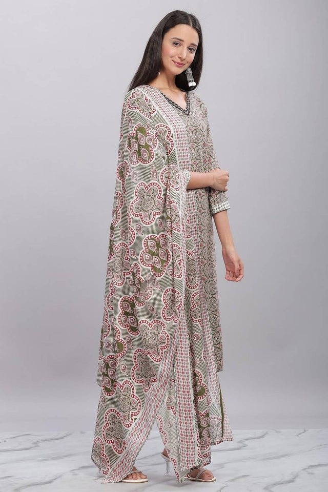 Olive Green Ajrakh Printed Rayon Kurti Pant Set
