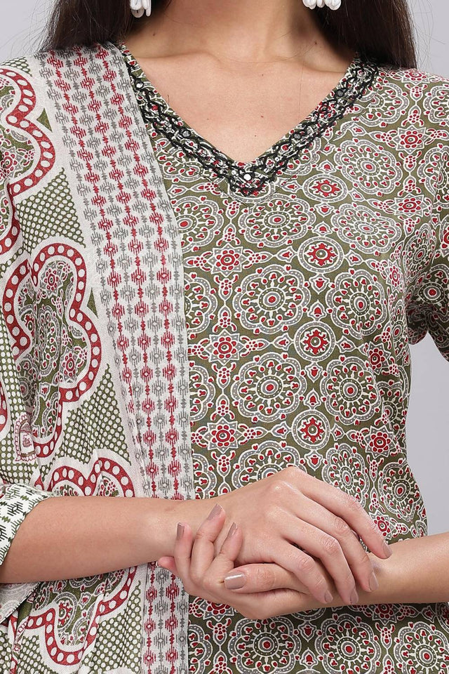Olive Green Ajrakh Printed Rayon Kurti Pant Set
