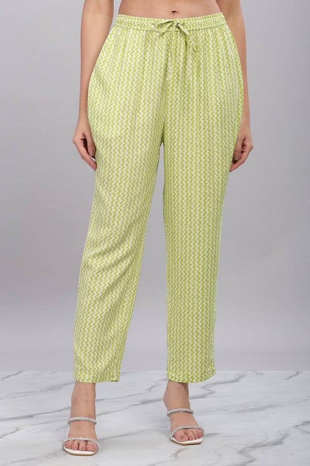 Green Printed Rayon Kurti Pant Set