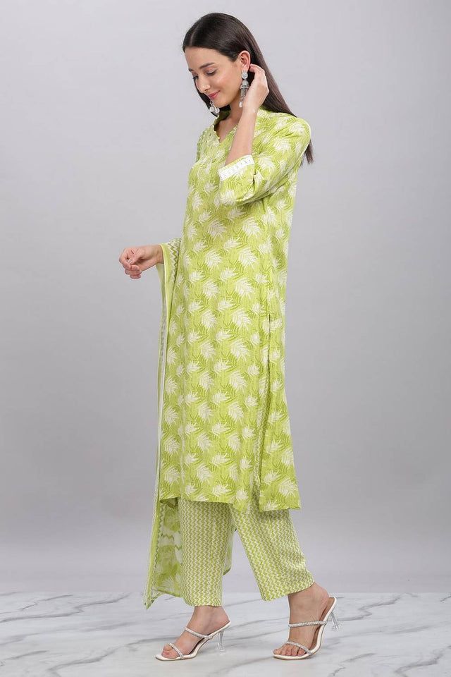Green Printed Rayon Kurti Pant Set