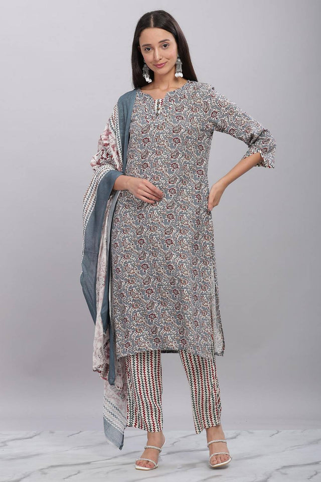 Grey Printed Rayon Kurti Pant Set