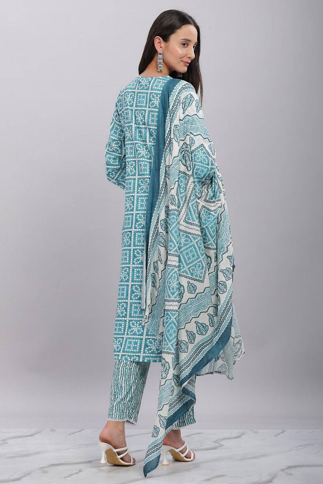 Blue Bhandani Printed Rayon Kurti Pant Set