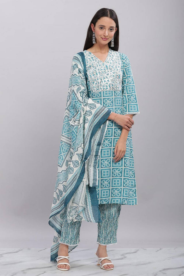 Blue Bhandani Printed Rayon Kurti Pant Set