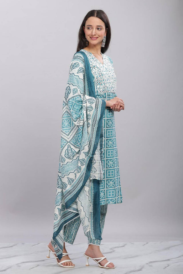 Blue Bhandani Printed Rayon Kurti Pant Set
