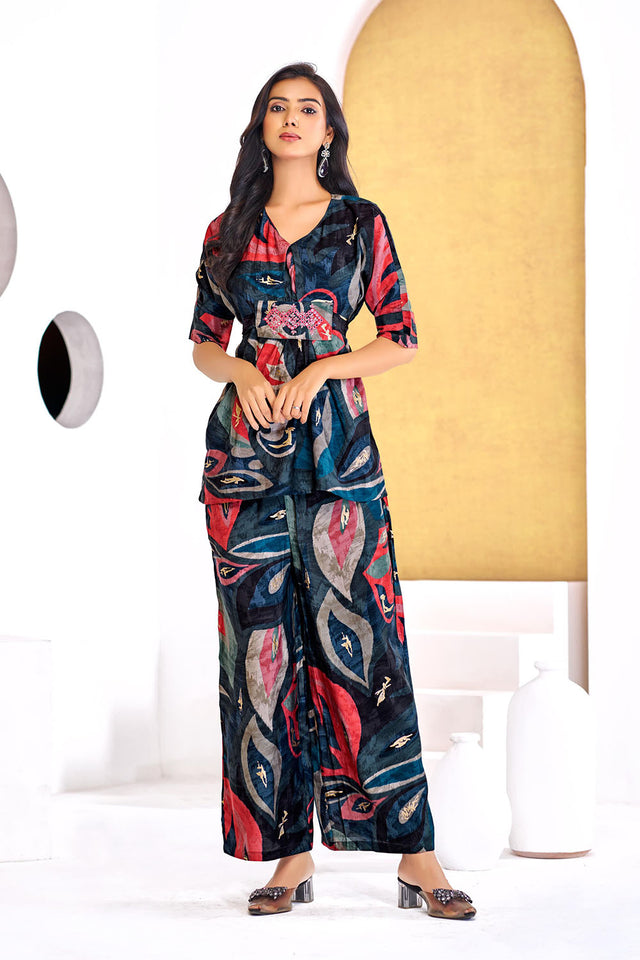 Blue Printed Modal Chanderi Co-Ord Set