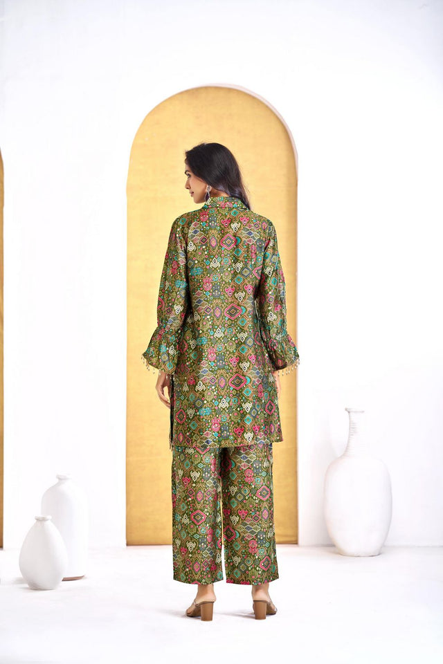 Olive Green Printed Modal Chanderi Co-Ord Set