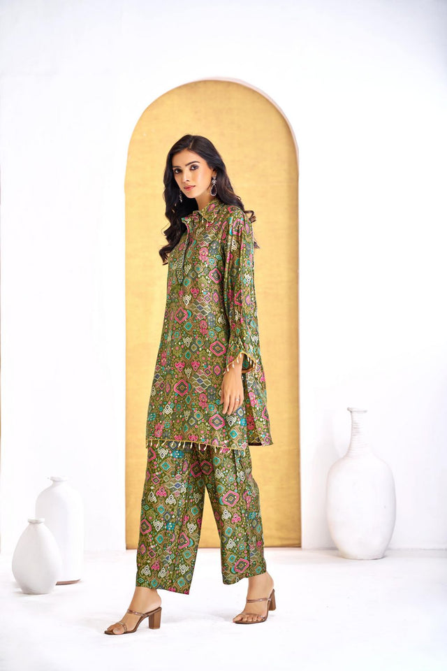 Olive Green Printed Modal Chanderi Co-Ord Set