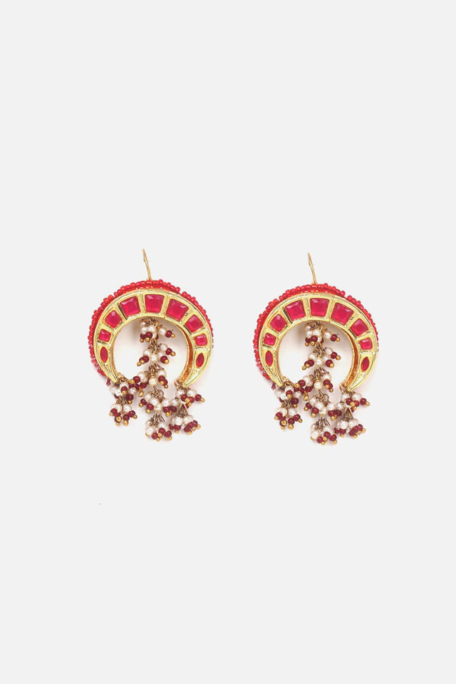Red And Gold Drop Earring With Kundan And Pearls