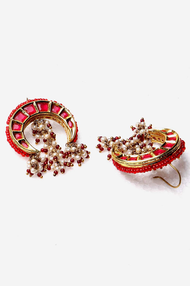 Red And Gold Drop Earring With Kundan And Pearls
