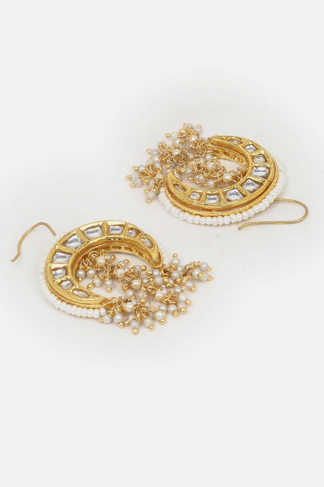 Gold And White Drop Earring With Kundan And Pearls