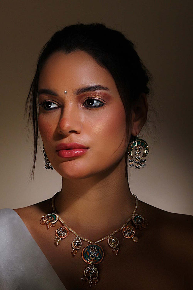 Green And Gold Drop Earring With Kundan And Pearls