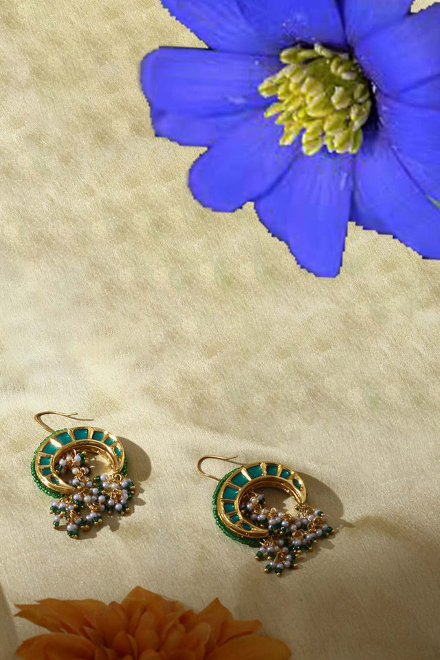 Green And Gold Drop Earring With Kundan And Pearls