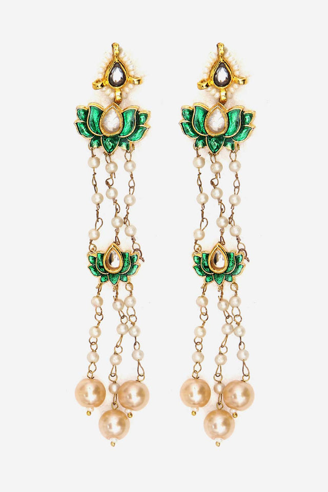 Green And Cream Drop Earring With Kundan, Pearls And Natural Stones (DGED24062)