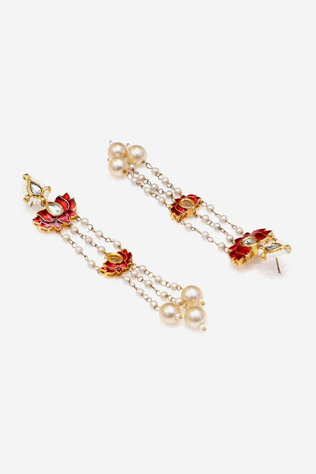 Red And White Drop Earring With Kundan And Pearls