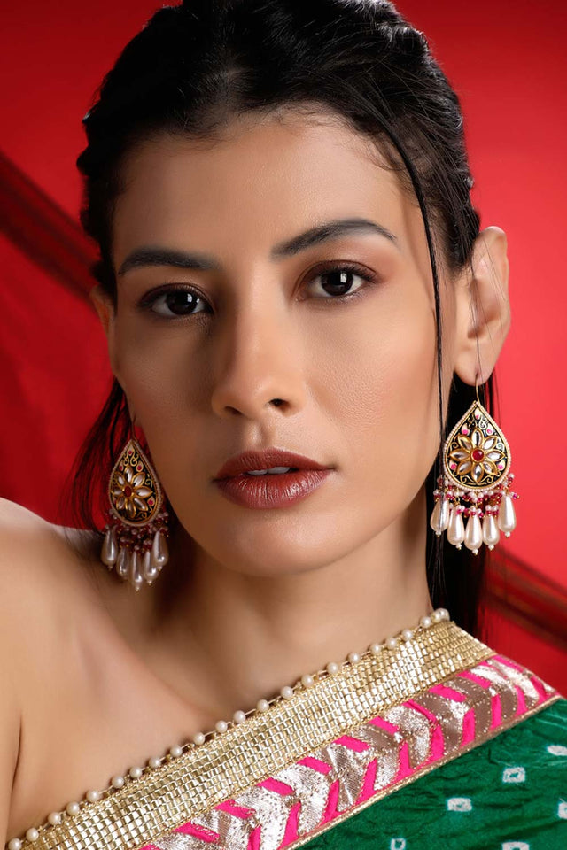 Pink And Blue Drop Earring With Kundan And Pearls