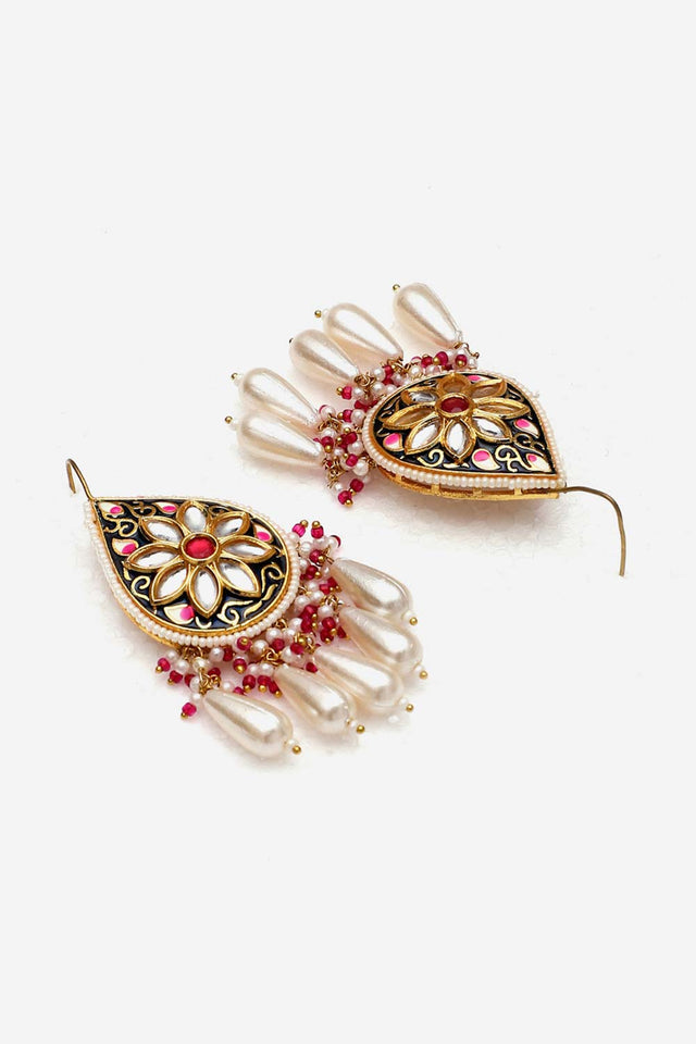 Pink And Blue Drop Earring With Kundan And Pearls