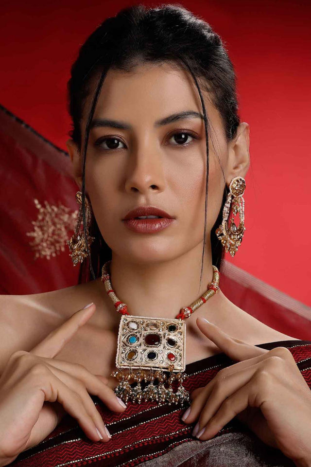 Cream And Gold Drop Earring With Kundan And Pearls