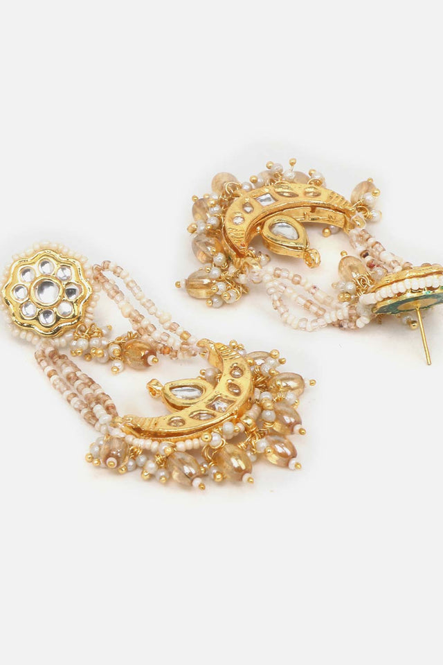 Cream And Gold Drop Earring With Kundan And Pearls