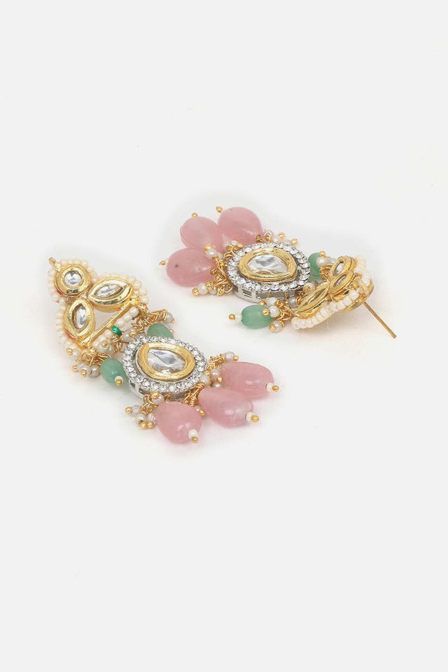 Pink And Green Drop Earring With Kundan And American Diamonds