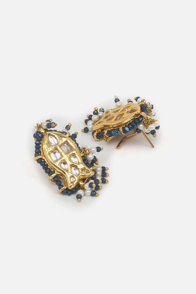 Blue And Cream Drop Earring With Kundan And Pearls