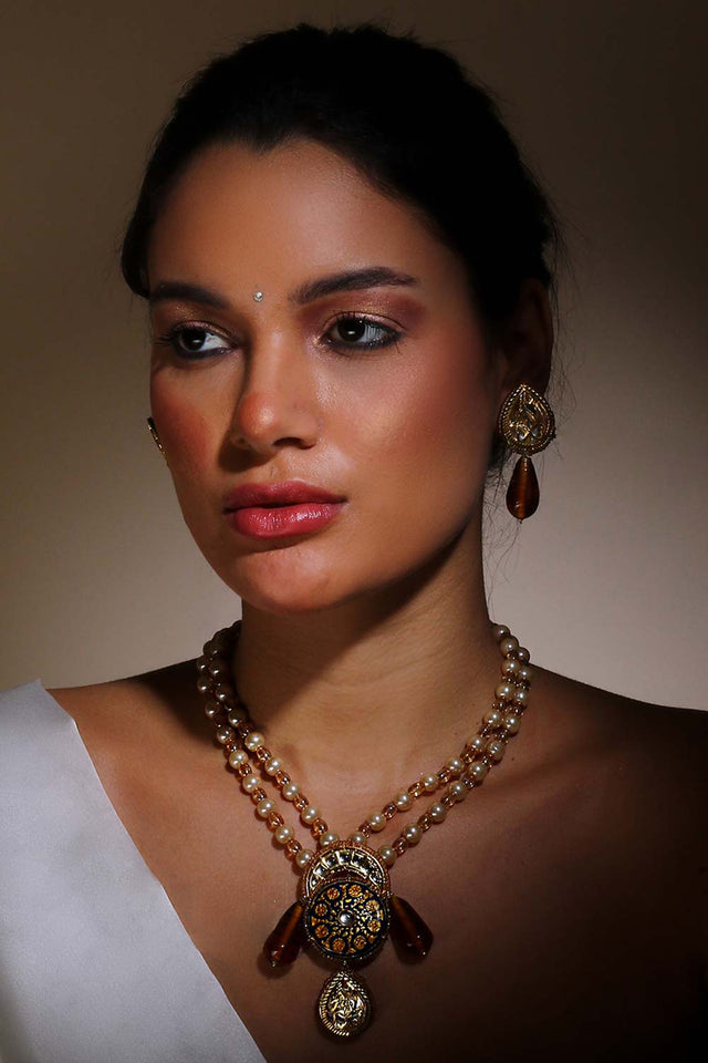 Brown And Gold Drop Earring With Kundan And Pearls