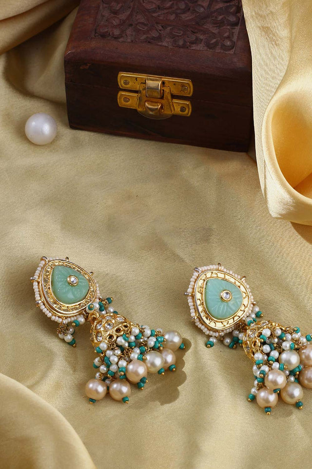 Green And Cream Drop Earring With Kundan And American Diamonds