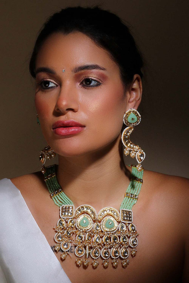Green, White And Cream Drop Earring With Kundan, Pearls And Natural Stones